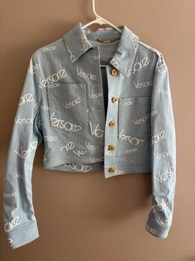 Versace Light Blue Logo Cropped Denim Jacket with Gold Buttons